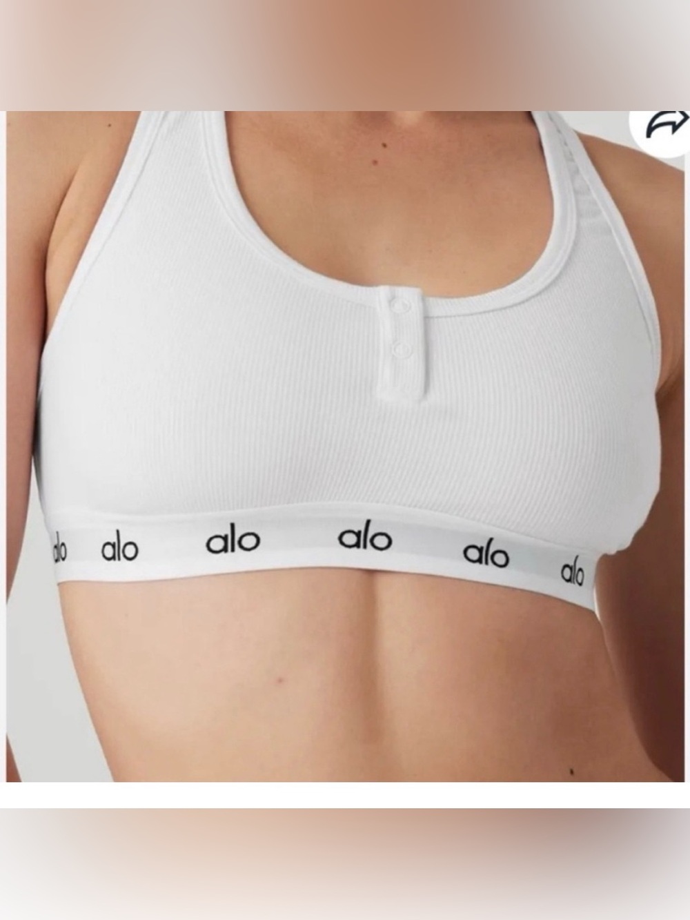 ALO Yoga White Ribbed Logo Elastic Sports Bra Size S